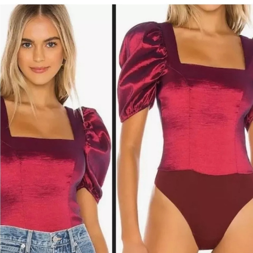 Majorelle Taffeta Bodysuit Size Small Maroon Purple Square Neck Puff Sleeves